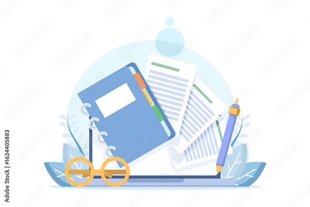 Poster file manager concept, monitor view with folders, documents, and media content. searching and indexin
