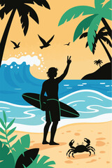A vibrant vector illustration of a surfer holding a surfboard and making a peace sign on a tropical beach. The scene includes palm trees, a large wave, a crab, and a beautiful sunset sky.