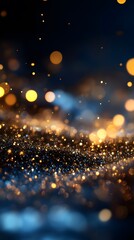 Obraz premium Sparkling Golden Bokeh and Glittering Dust Against a Dark Blue B