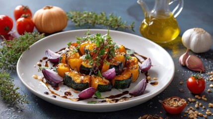 A close-up shot of a white plate filled with roasted pumpkin pieces, garnished with red onion wedges, herbs, finely chopped nuts, and drizzled with a dark sauce
