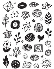 A set of black and white hand-drawn vector doodles. The collection includes various geometric and organic shapes, abstract lines, stars, flowers, and leaves, with a playful and artistic feel.