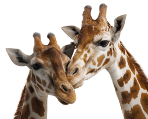Two giraffes affectionate pose one kissing the other white background