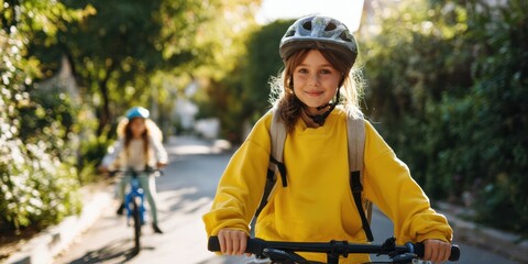 The joyful girl riding her bicycle on a sunny day in the park.