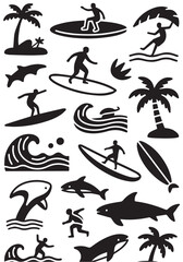 A collection of black silhouette vector graphics on a white background, featuring surfers, waves, palm trees, surfboards, dolphins, a shark, and an orca, all with a retro surf-style theme.