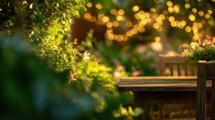 The enchanting garden table surrounded by blooming flowers and twinkling lights.