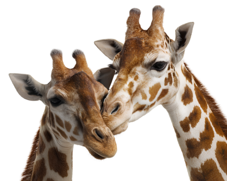 Two giraffes affectionate pose one kissing the other white background