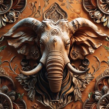 detail of an elephant sculpture statue art design decoration stone carving old history animal relief element brown pattern background close-up