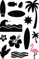 A clip-art style image depicting a summer beach theme. Included are silhouettes of a flamingo, flowers, palm trees, surfboards, waves, sun, and a fish.