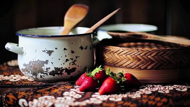 Fresh Strawberries with Retro Enamel Kitchen Tools.
Rustic Kitchen Setting with Strawberries and Enamelware.
Vintage Enamel Utensils with Fresh Fruit Decor