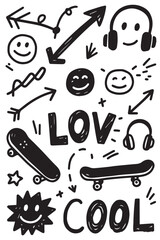 A hand-drawn black and white vector doodle collage with elements like skateboards, headphones, smiley faces, arrows, and words like "LOVE" and "COOL" in a youthful, urban style.