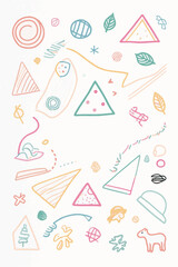 A light-colored vector illustration with various hand-drawn style doodles in pastel colors, including triangles, circles, spirals, leaves, and abstract shapes, scattered on a white background.