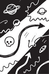 black and white vector image features a dynamic composition with diagonal division. Doodles include planets with rings, curved arrows, a skull, and abstract wavy lines on contrasting backgrounds.