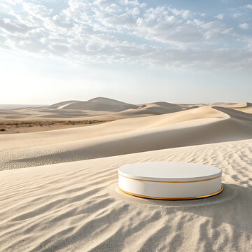 Empty circular pedestal on sand dune in desert landscape under sky