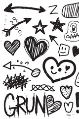 A black and white vector image filled with hand-drawn grunge-style doodles including hearts, stars, arrows, a face, abstract lines, and the word "GRUNG".