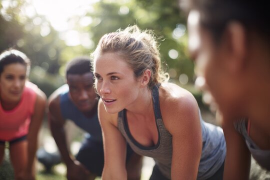 A fitness bootcamp takes place outdoors as a trainer encourages participants to push their limits. Everyone is focused and energized, embracing the challenge of the workout session together