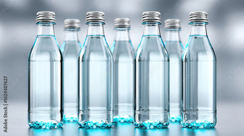 Poster clear plastic water bottles without labels arranged in row on reflective surface with soft blurred b