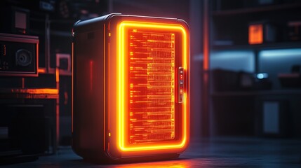Obraz premium Futuristic Glowing Server Rack Unit with Neon Orange Edge Lighting