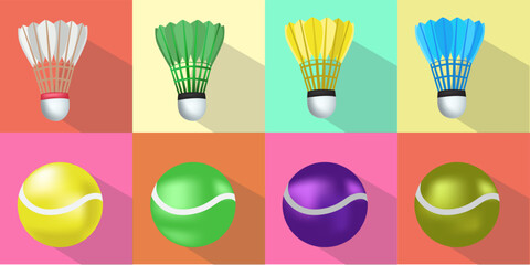 Balls icon set for various sports games, realistic vector illustration set. Exercising inventory for sportsmen flat objects on multicolored background.