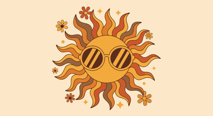 Naklejka premium Groovy retro sun with sunglasses and flowers radiates warm, vibrant energy, perfect for summer and bohemian vibes