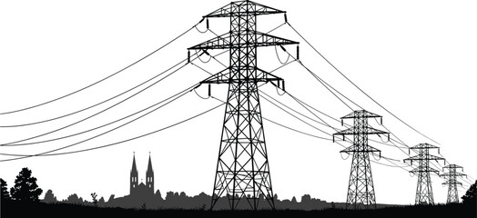 High voltage transmission towers with power lines over rural landscape and village skyline, energy infrastructure vector silhouette