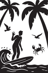 A black and white vector illustration of a person surfing a wave. The scene is set on a tropical beach with palm trees, flying seagulls, and a crab on the sand.