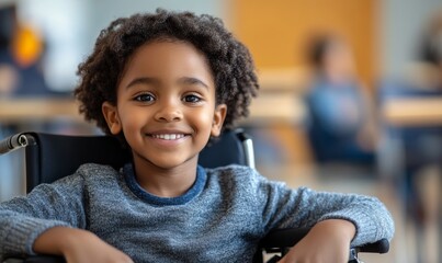 Young black child in wheelchair, smiling and engaging with classroom learning, fostering inclusive educational environments, Generative AI