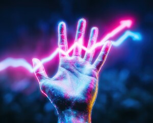 Futuristic hand with glowing data graphics.