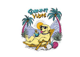 Summer time vector flyer, banner template. It's summer time animals illustration theme. dog, cat, touchan, flamingo, duck, bear, and tropical and beach theme