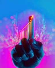 Hand pointing to rising growth graph trend.