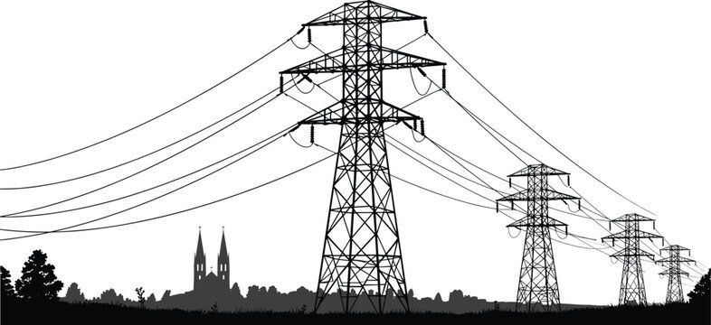 High voltage transmission towers with power lines over rural landscape and village skyline, energy infrastructure vector silhouette