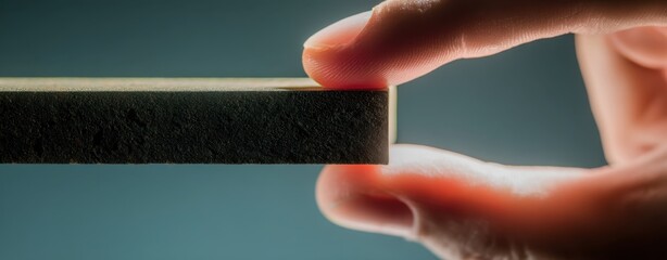 Hand holds a rectangular object closely.