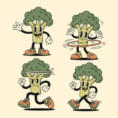 Retro Cartoon Broccoli Characters, Healthy Lifestyle, Exercise, and Fun Activities