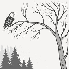 Bald eagle perched on a bare tree branch overlooking a forest landscape in grayscale