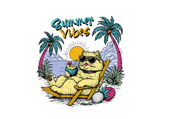 Summer time vector flyer, banner template. It's summer time animals illustration theme. dog, cat, touchan, flamingo, duck, bear, and tropical and beach theme