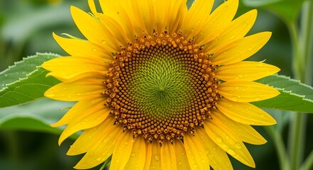 Fototapeta premium A vivid close-up of a sunflower’s center, showcasing the intricate spiral pattern of seeds and bright yellow petals.