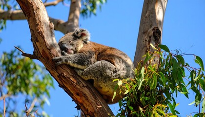 Fototapeta premium Sleeping Koala Bear Resting Comfortably on a Tree Branch Under Blue Sky