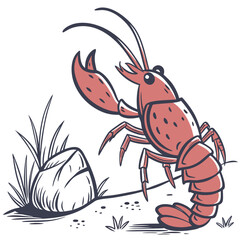 Cute cartoon red crawfish or lobster with claws raised near a rock and grass