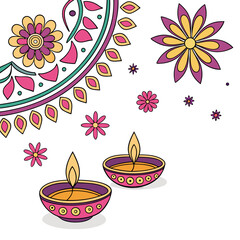 Decorative indian diya lamps and floral mandala elements for festive celebrations