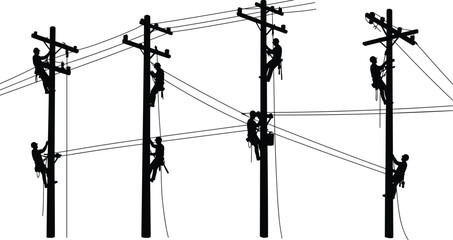 Silhouettes of multiple linemen climbing utility poles and performing high-voltage electrical maintenance, wearing safety harnesses, working on power lines
