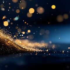 Obraz premium Sparkling Golden Glitter and Bokeh Lights Against a Dark Blue Ba