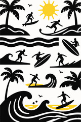 PrintA set of black and white vector graphics depicting surfers riding waves and palm trees on a beach, with a bright yellow sun. The illustrations have a vintage, retro feel.