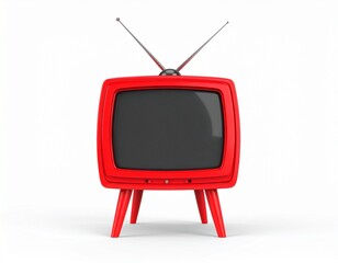 Red Retro Portable Tube TV with Antenna - 1980s Style, Isolated on White Background