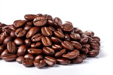 Obraz premium A pile of roasted coffee beans with a rich brown color isolated on white background