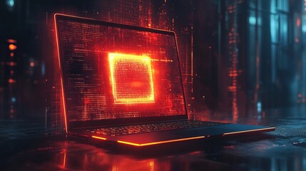 Futuristic Glowing Laptop with Abstract Technology Core Processing Illustration