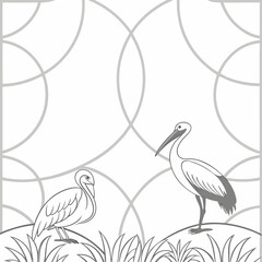 Two elegant storks standing in grassy terrain with a subtle geometric background pattern