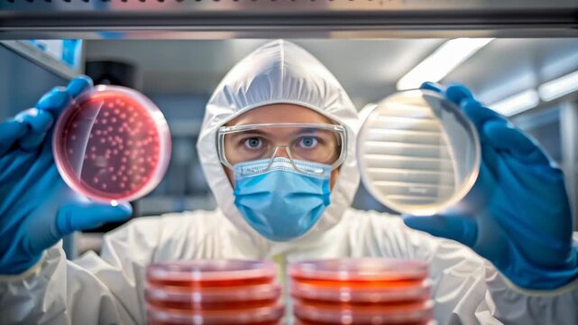 Salmonella outbreak concept ,Laboratory Technician Examines Petri Dishes Sterile Environment, Showcasing Microbial Growth