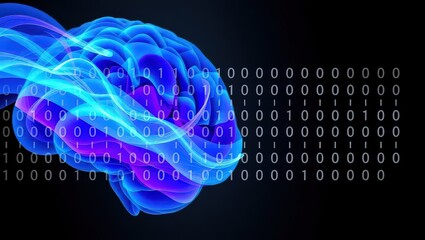 A glowing blue brain with binary code against a dark background in a digital representation
