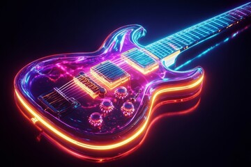 Electric guitar illuminates with vibrant neon strings, set against a pure black background. The glowing design captivates with colorful energy and artistic flair in brilliant detail