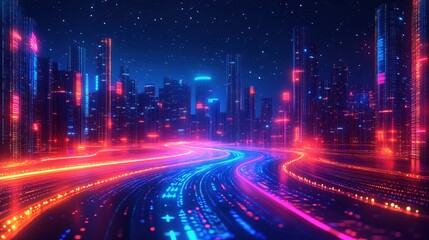 Futuristic Glowing Cityscape with Neon Lights and Data Stream Technology