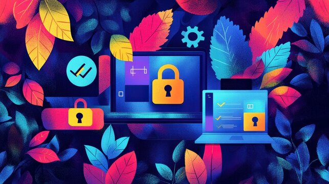 Secured digital devices surrounded by vibrant leaves.